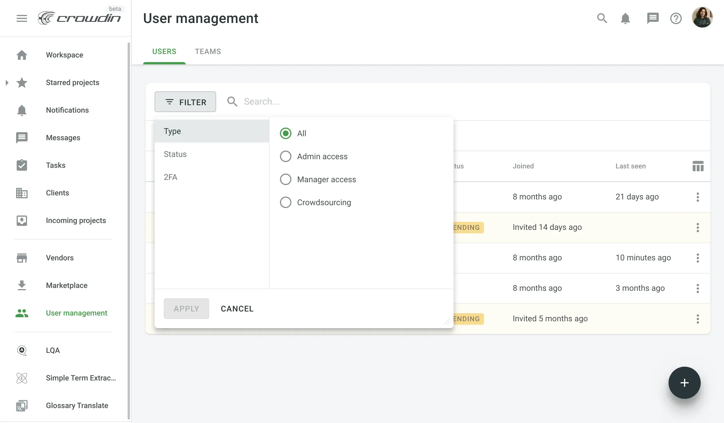 Filters for user management